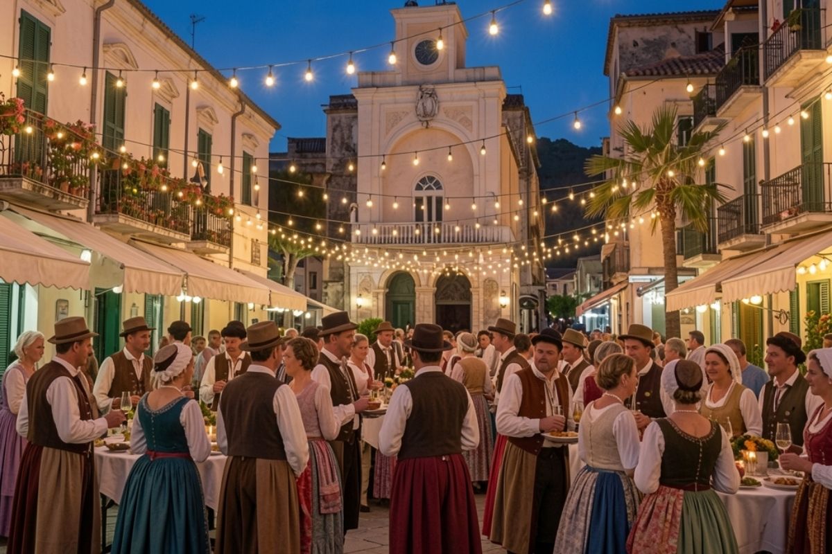 Scorcio di una festa tradizionale in piazza a Tropea, con decorazioni luminose, gente del posto in abiti tipici e la cattedrale sullo sfondo